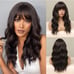 Human hair blend black brown wavy wig with bang.