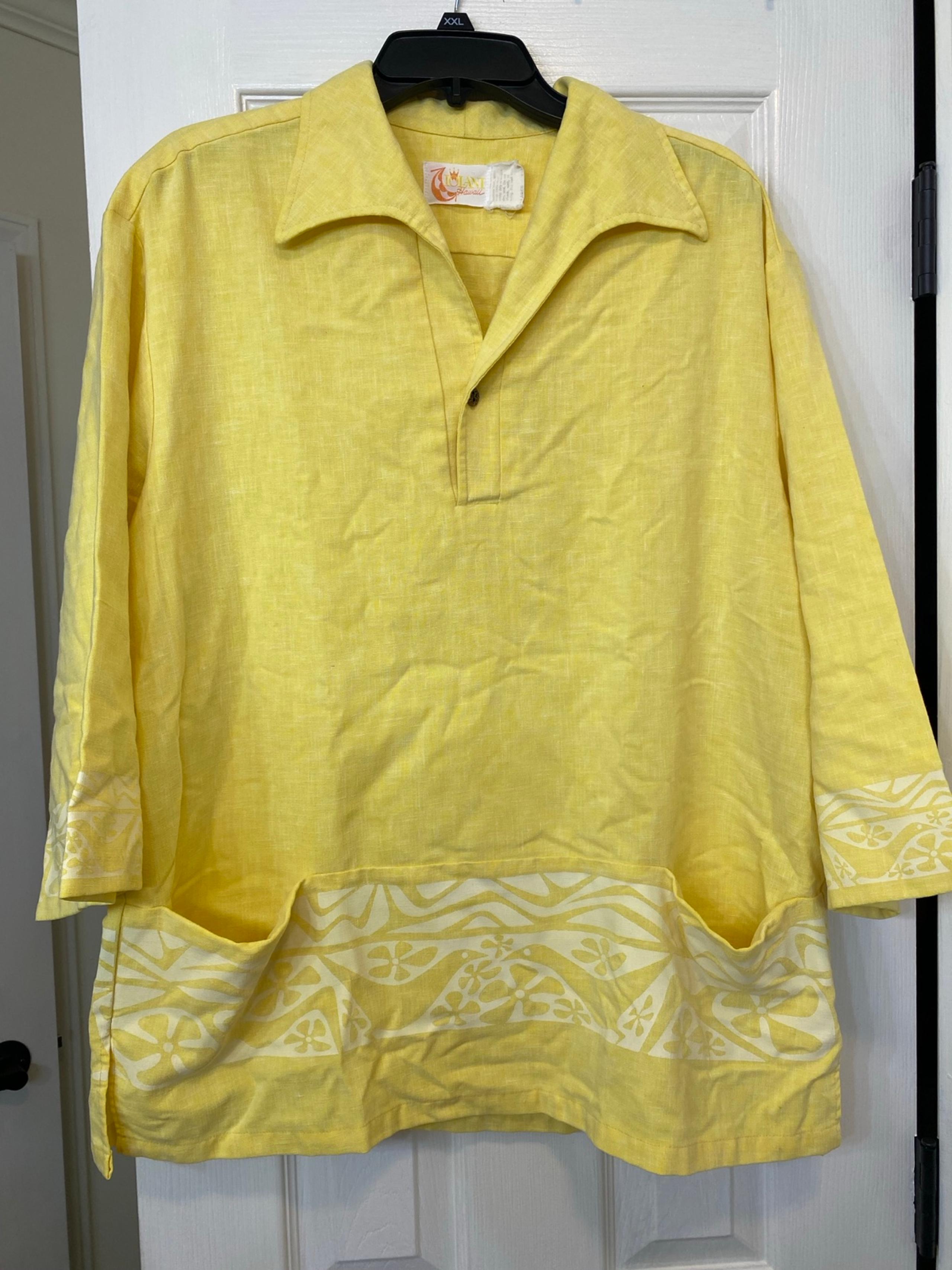 Vintage IOLANI Hawaii Tunic Top Yellow 3/4 Sleeve Shirt Pockets White Casual