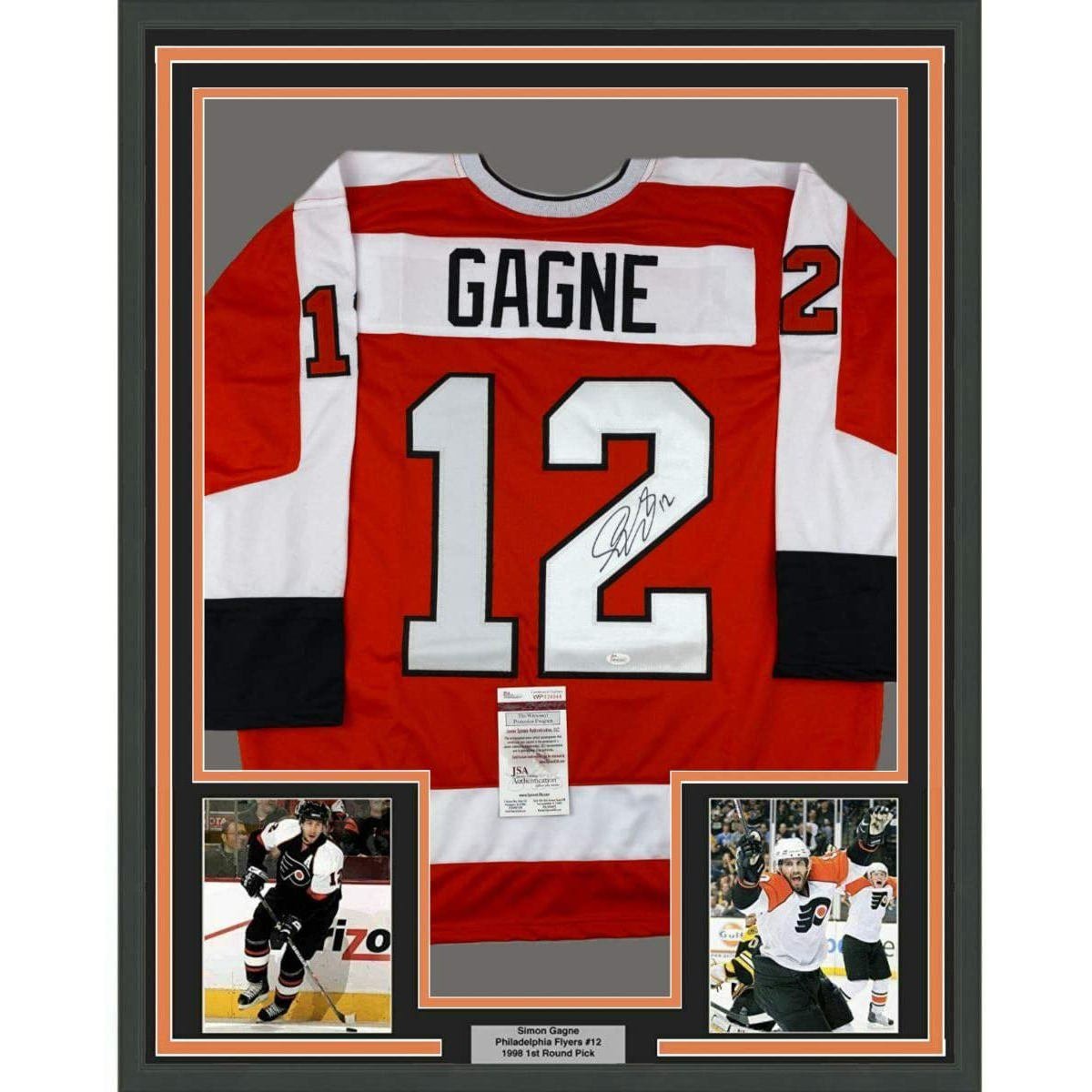 Framed Autographed/Signed Simon Gagne 35x39 Philadelphia Orange Jersey JSA COA