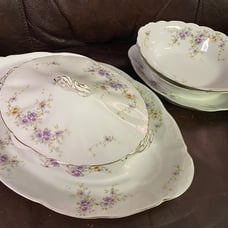 6 pc Dinner Serving Set Antique Purple Floral Porcelain Covered Tureen