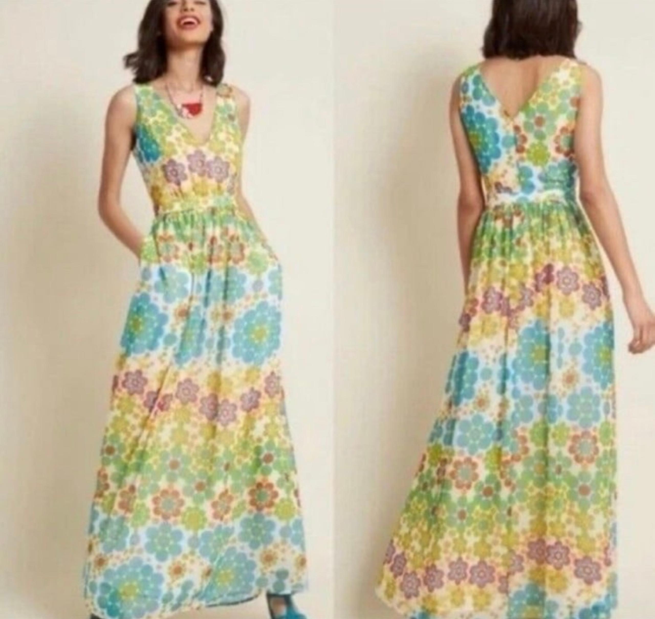 ModCloth Floral Retro Hippie Boho Maxi Dress Size Large Line Side Zip Light