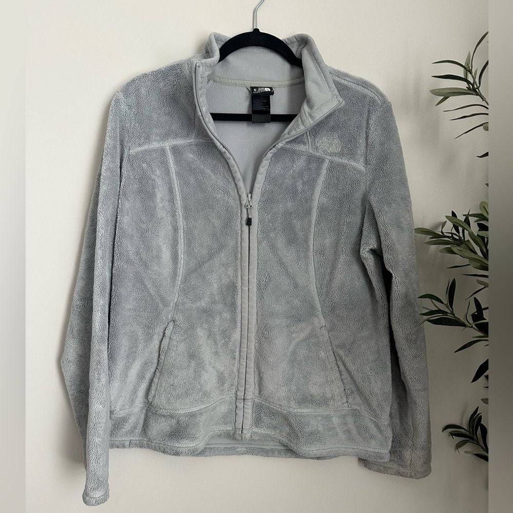 The North Face Silver Osito Zip Up Sweater large grey fur zip up jacket