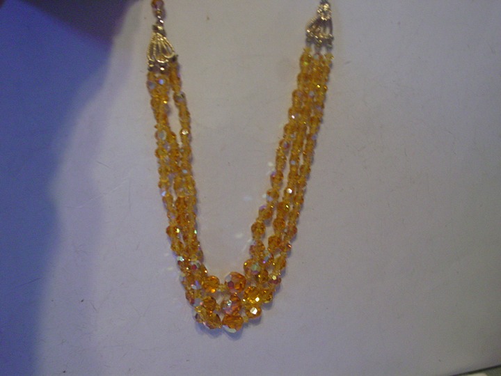 Gorgeous Gold Aurora Crystals Triple Strand Vintage Necklace