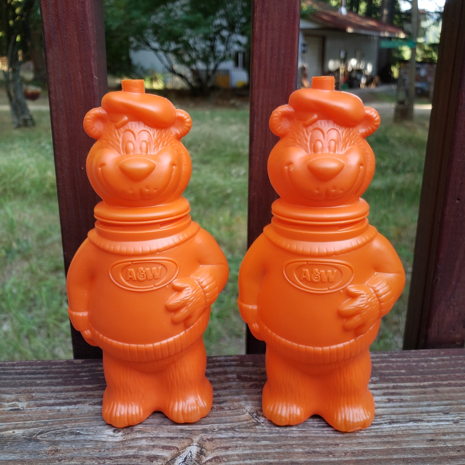 (2) Vintage 1994 Orange A&W Root Beer Rooty Bear Plastic Bottles- No Straw
