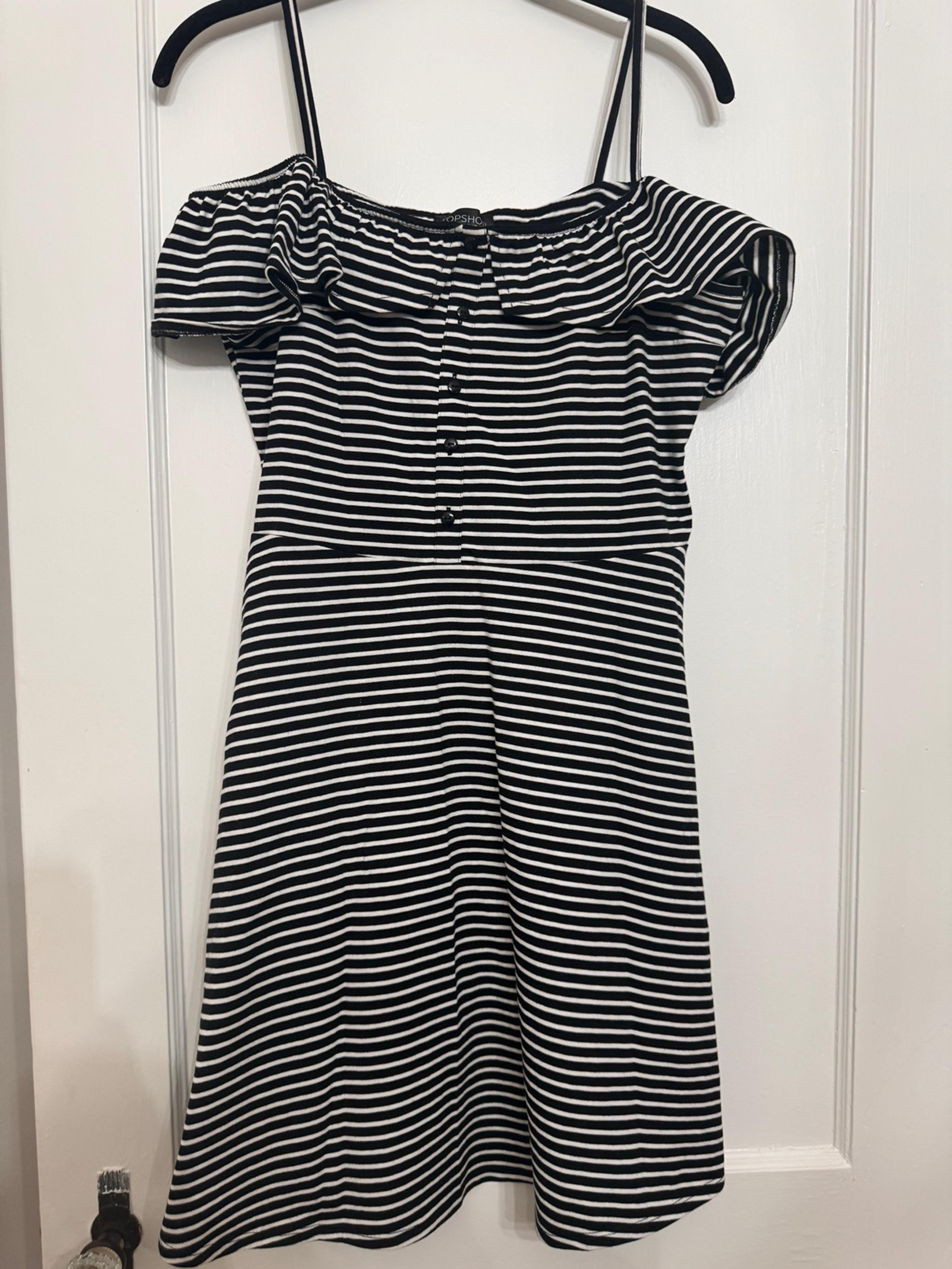 Top shop black striped ruffle cold shoulder dress 10