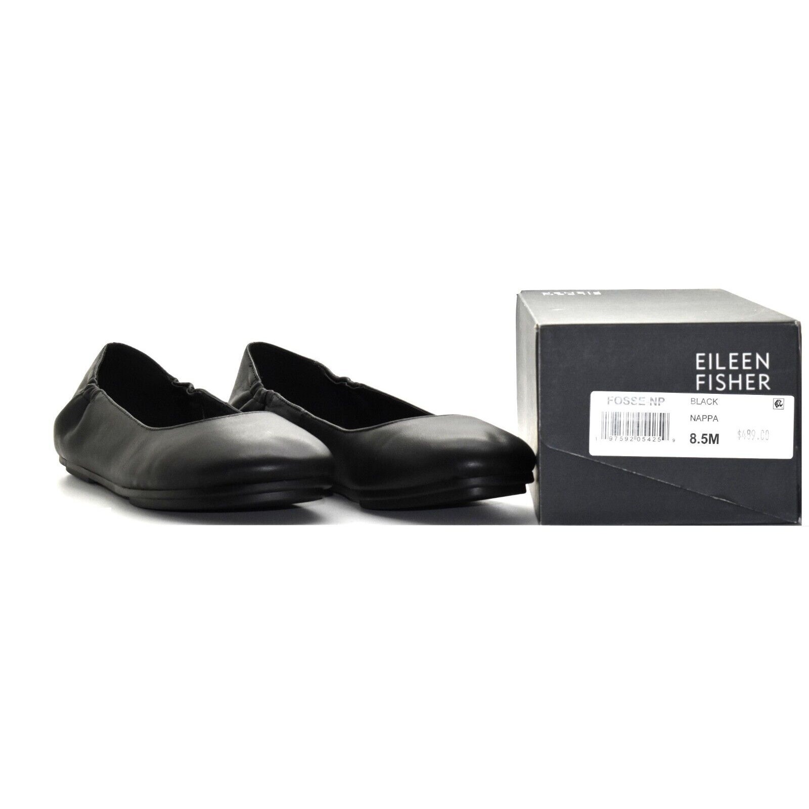 B0 NIB EILEEN FISHER Fosse Black Napa Leather Ballet Flat Shoes Size 8.5 M 198