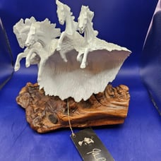 Vintage JOHN PERRY horses riding wave sculpture Drift Burl Wood Base.