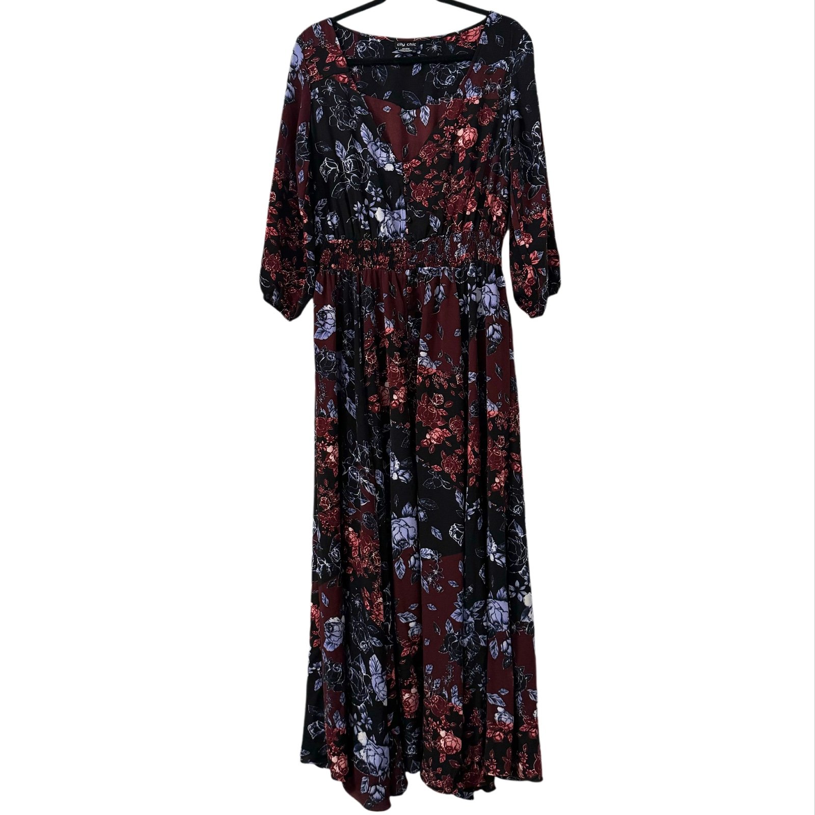 City Chic Floral Smocked Waist Maxi Dress Size XS 14W Dark Florals Whimsigoth
