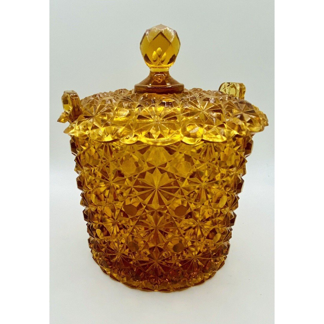 Vintage Fenton Daisy and Button Amber Glass Ice Box Candy Jar Faceted Notched Li