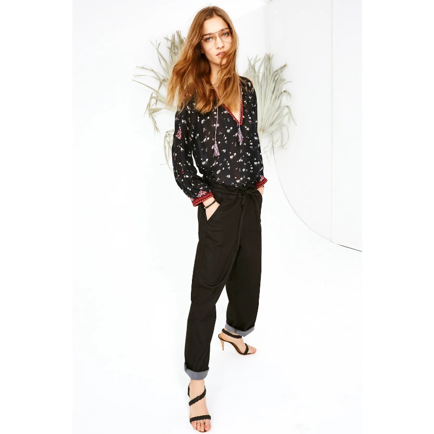 Ulla Johnson Sabi Drawstring Dropped Crotch Tapered Leg Jeans in Black, Size 2