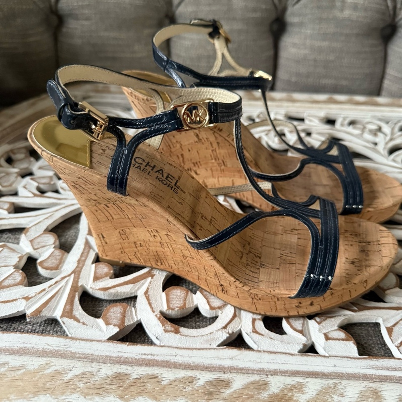 Michael Kors Navy Blue Patent Leather Wedge Heels Sandals Shoes Women’s 7.5