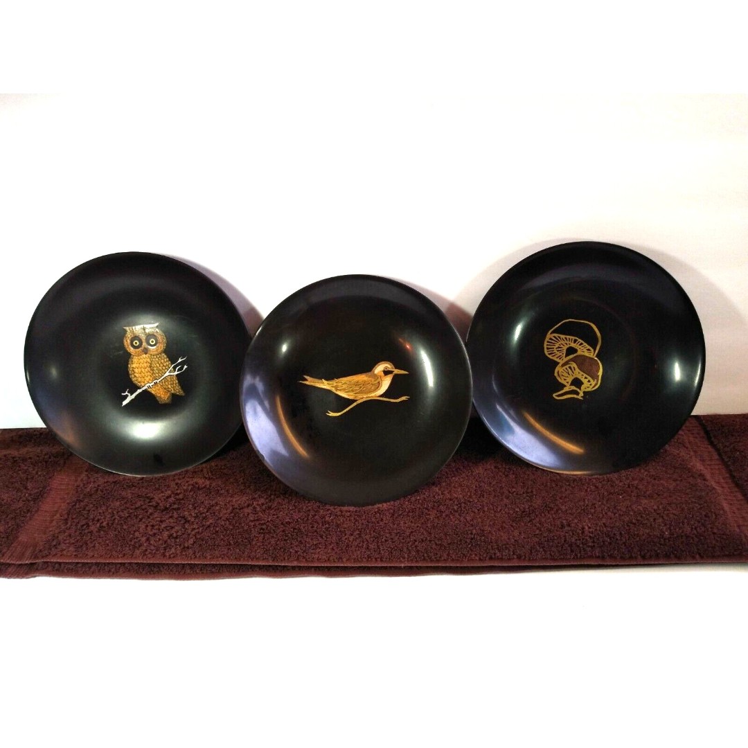 Couroc Bowls Mushroom Owl Bird Made Monterey 7.5” Black Lacquer Bowls Set 3