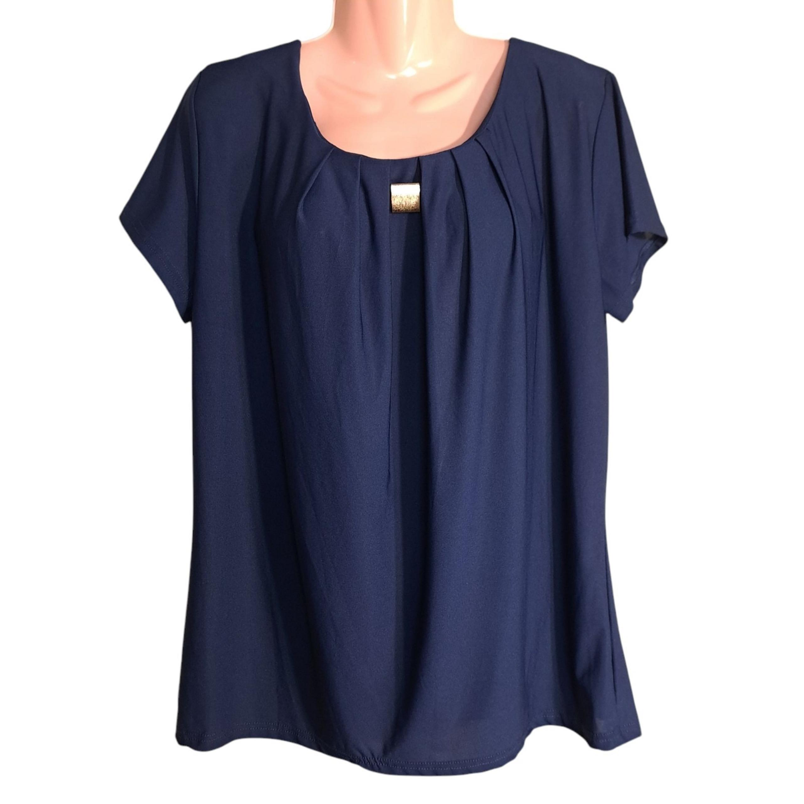 Emily Stacy Women's Short Sleeve Blouse/Top Navy Blue Size 1X Gold Accent