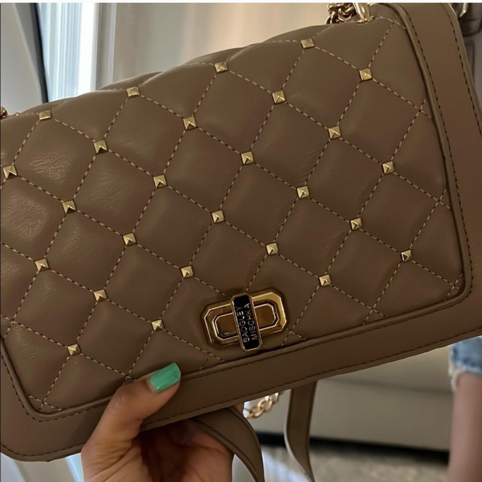 Badgley Mischka Taupe Brown Studded Diamond Quilted Shoulder Bag Purse Crossbody