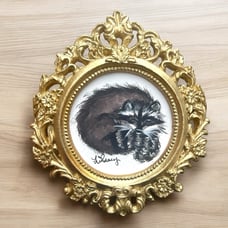 Original Raccoon watercolor painting in miniature gold ornate frame