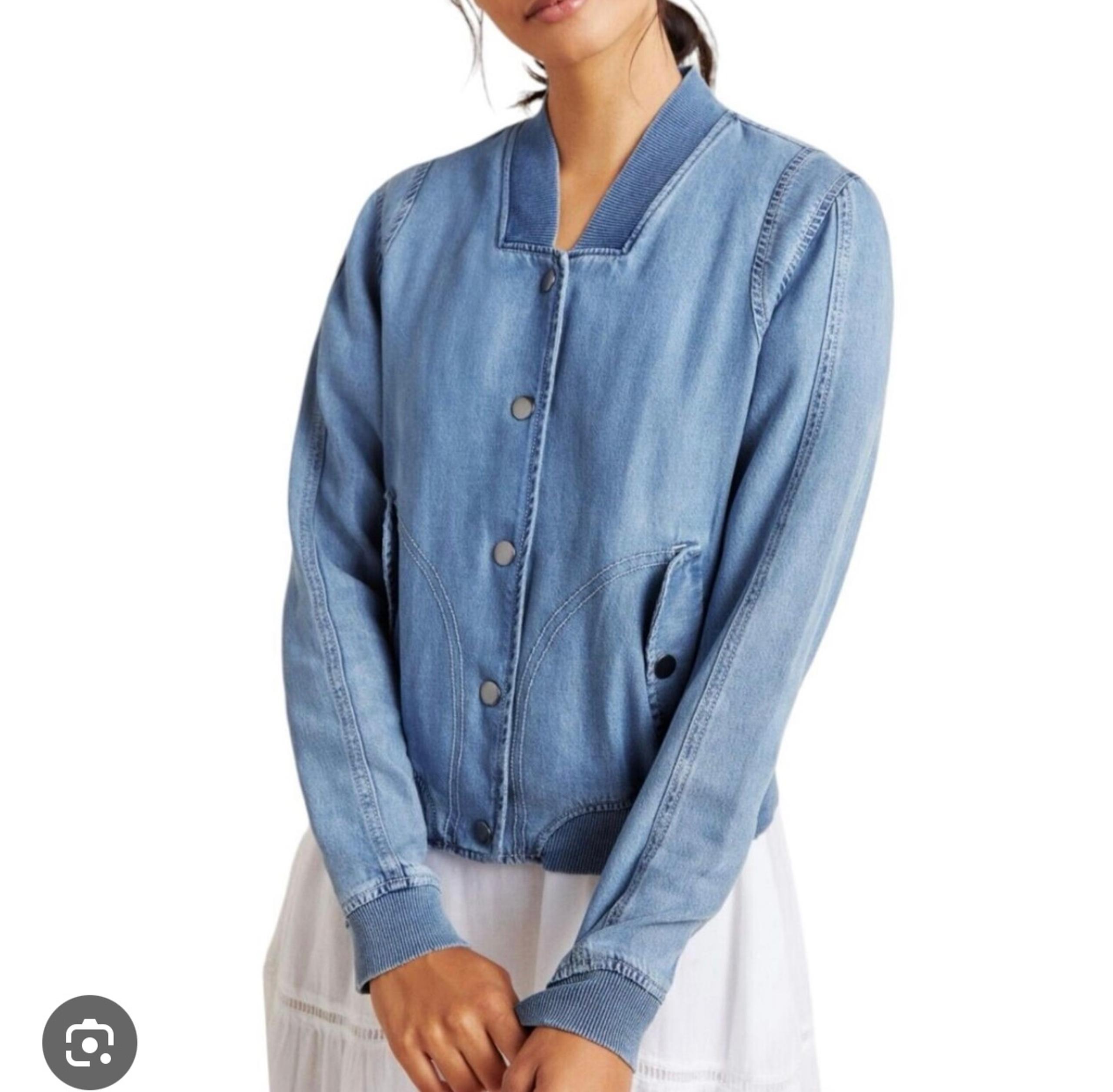 Antropologie Women's Lyocell Chambray Denim Snap Button Bomber Jacket L
