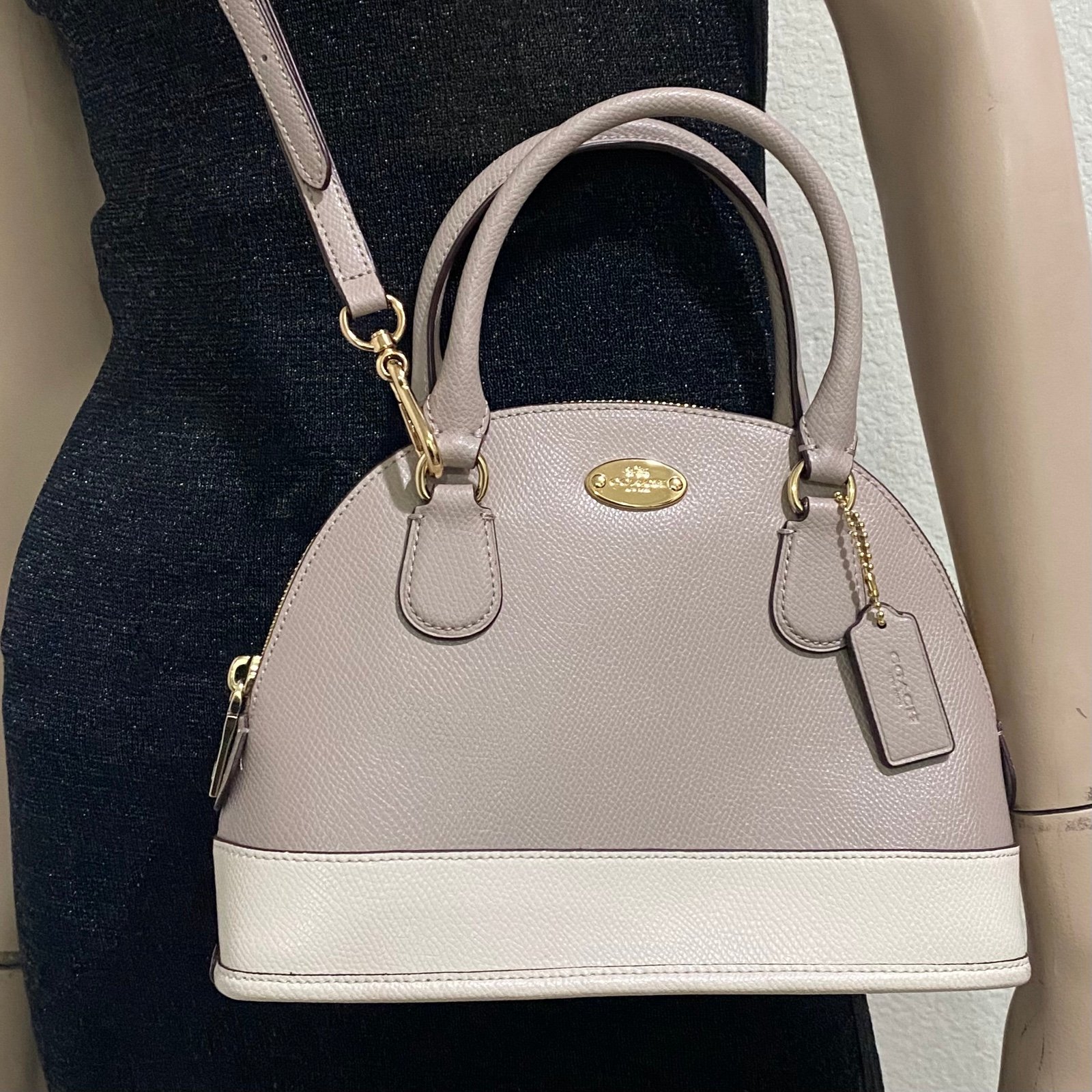 COACH Cross Grain Leather Mini Cora Dome Satchel Colorblock Gray Birch/Chalk