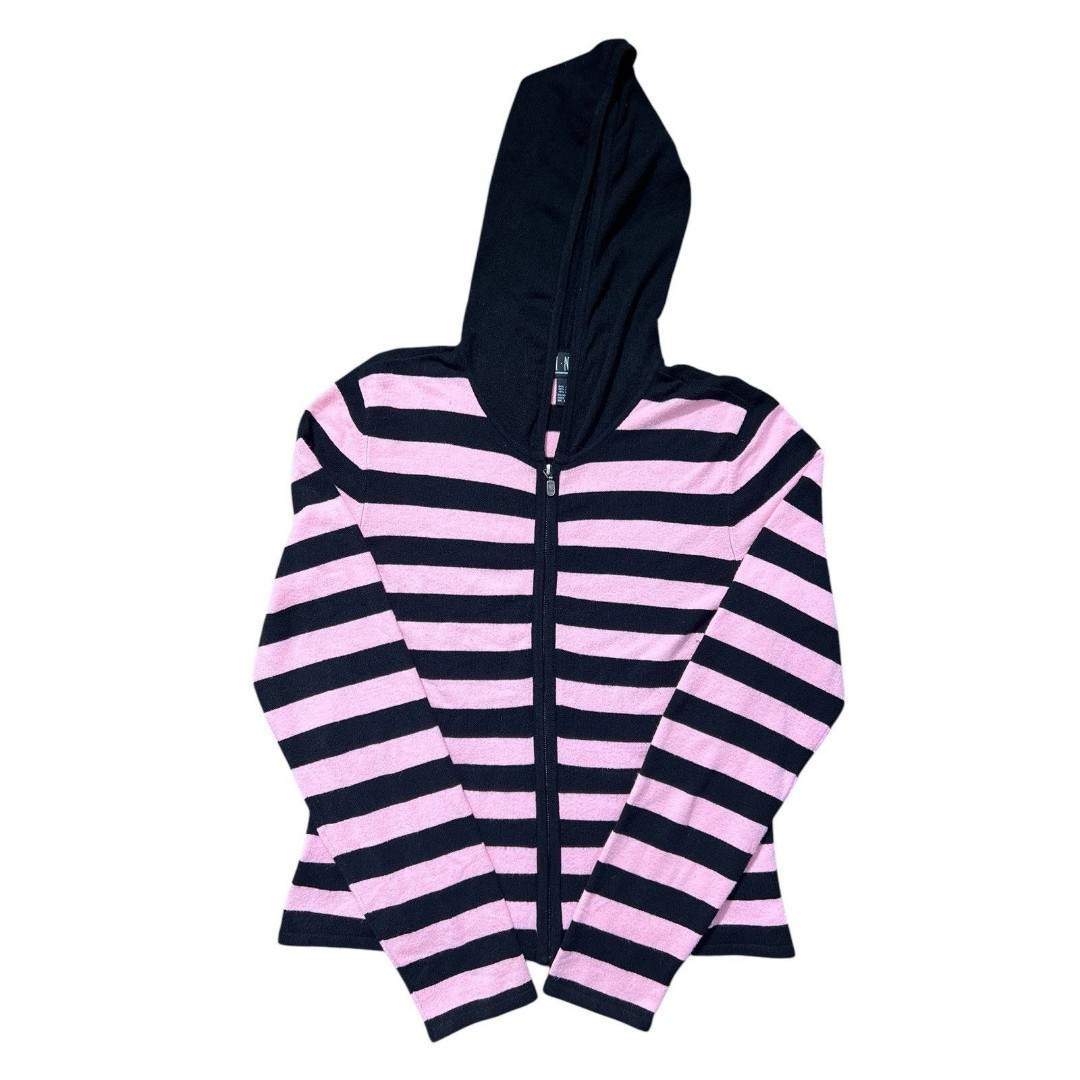 INC Black Pink Stripped Zip Up Sweater Hooded Grunge Punk Sz L