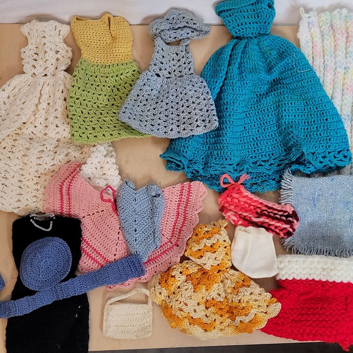 Vintage Fashion Doll Crochet Clothes 1960s Retro Handmade Multicolor
