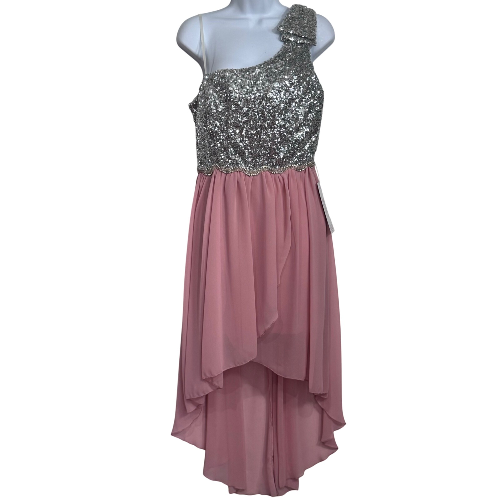 City Triangles Sequin One Shoulder High Low Prom Dress Pink /Silver Size 13