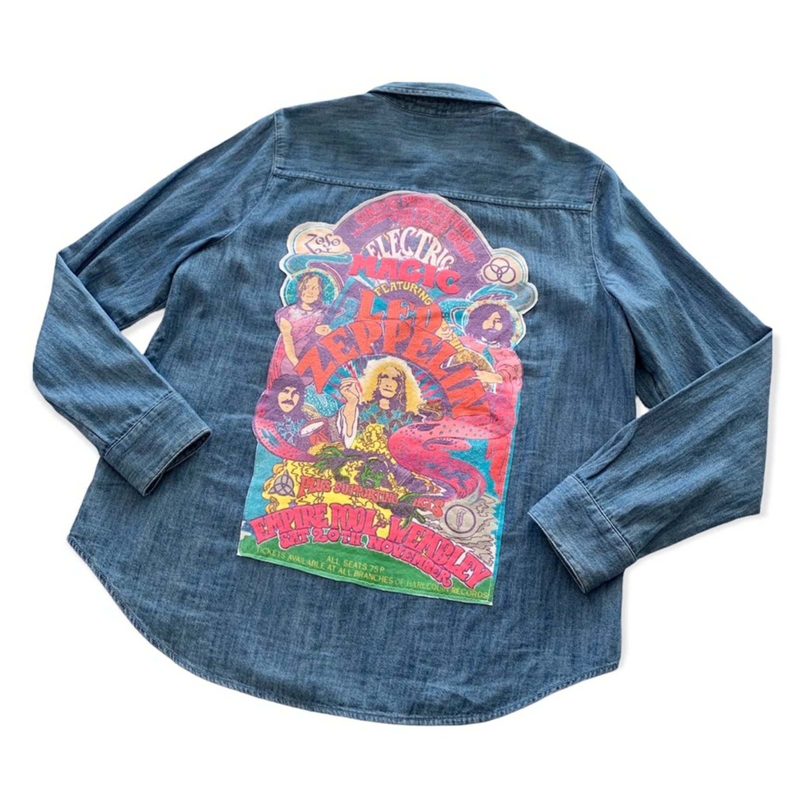 Via Penny Lane Reworked Apparel | Led Zeppelin Denim Button Up Shirt