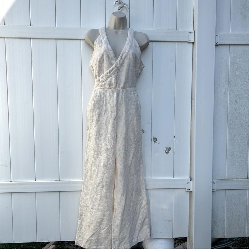 ANTHROPOLOGIE Demi Textured Jumpsuit Ecru Neutral Natural | Size 8 Petite 8P