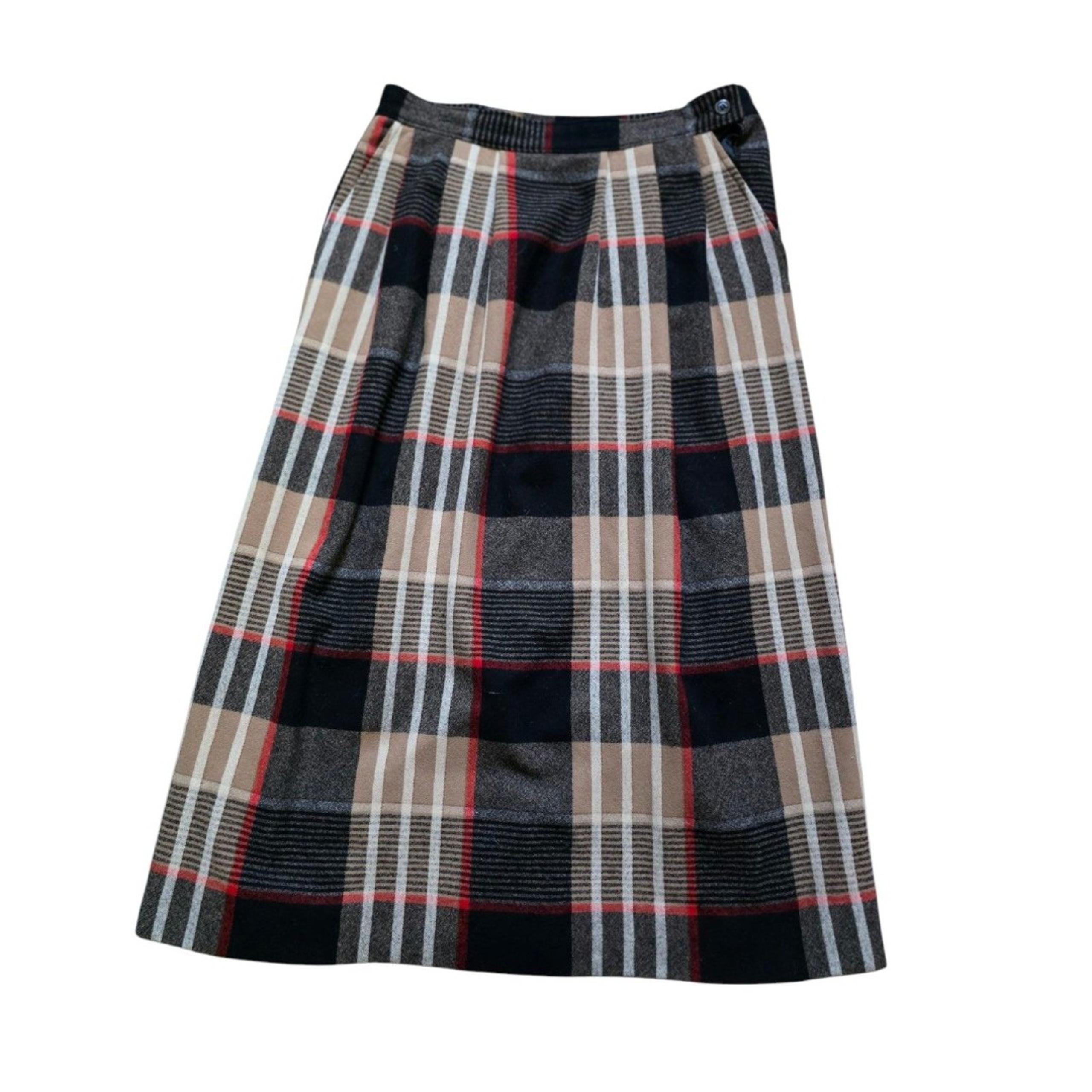 Pendleton Plaid Skirt Brown Cream A Line Virgin Wool Plain Tartan Midi Women 30"