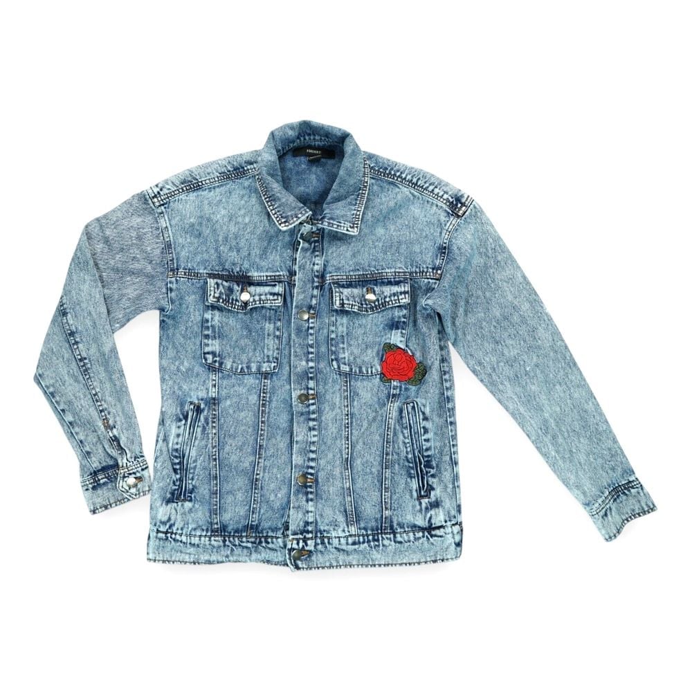 Forever 21 Women Denim Jean Jacket Size Small Embroidery Long Sleeve Pockets