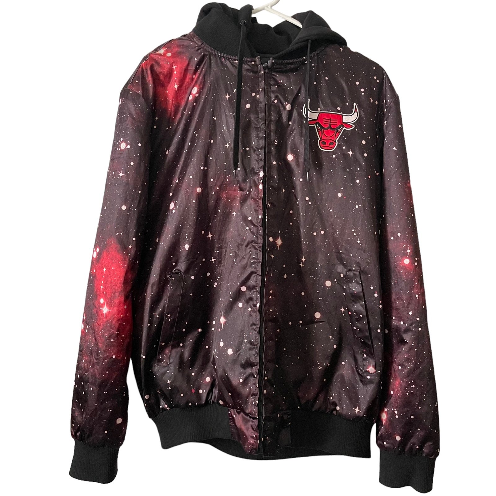 NBA Galaxy Stars Chicago Bulls Bomber Flight Hooded Zip Up Jacket Size L EUC