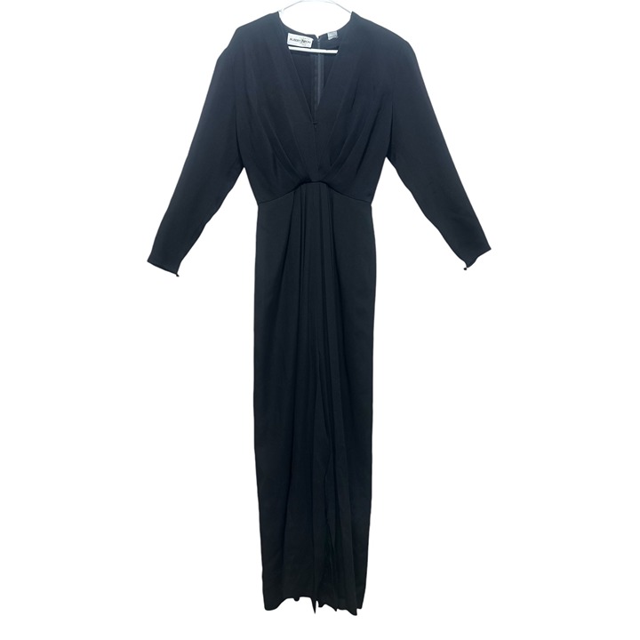 Albert Nipon Silk Maxi Dress Women 6 Black Open V-neck Long Sleeves Vintage Goth