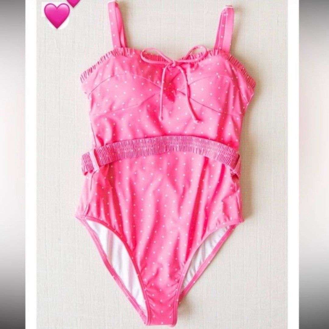 Sweet Honey Clothing Belted One Piece Pink Berry Spritz Pink Polkadot Swimsuit