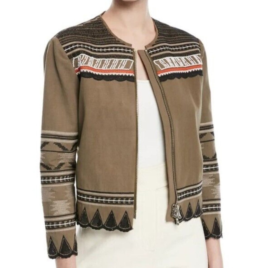 Veronica Beard Mirasol Zip Jacket Womens Size 4 Olive Tribal Beading Embroidery