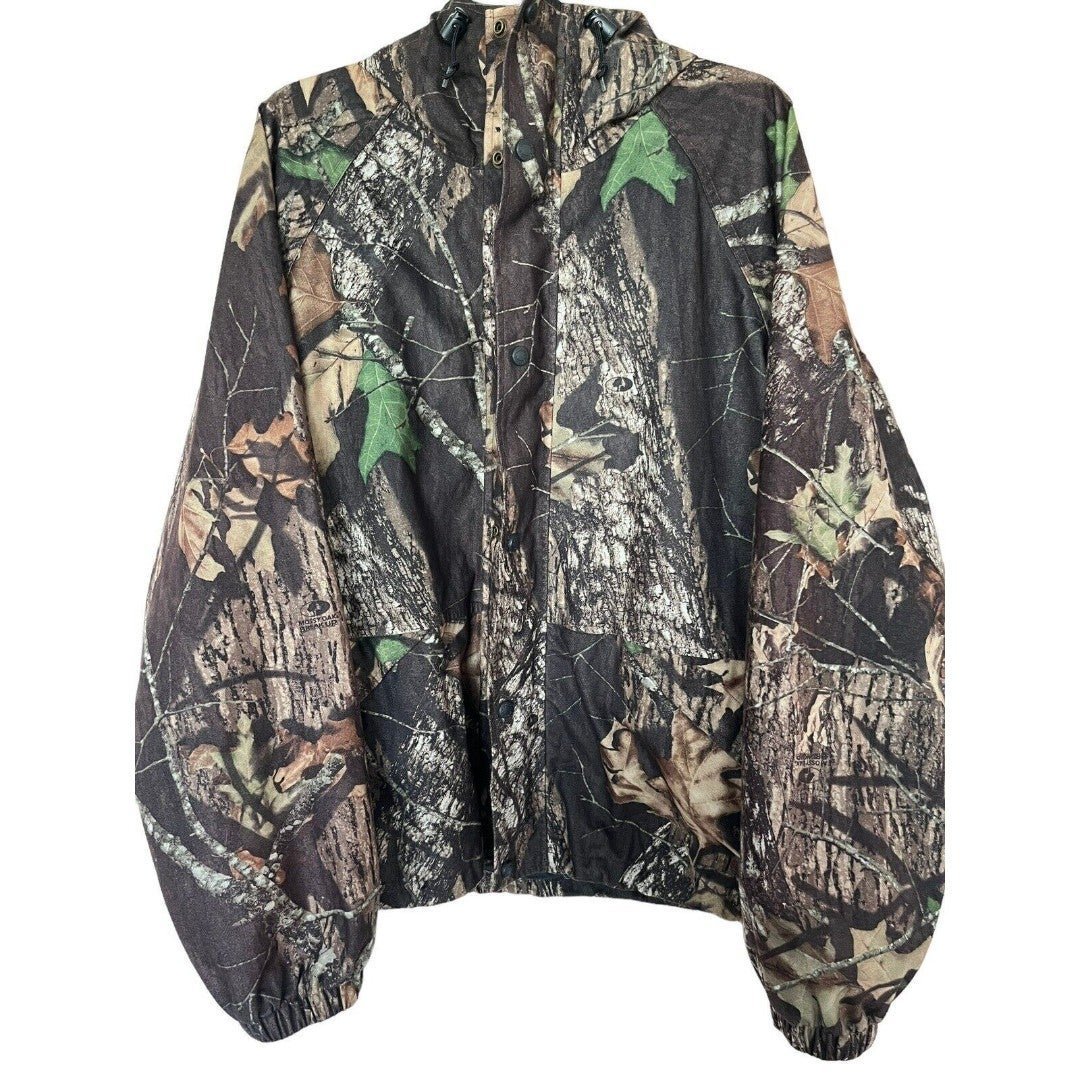 Cabelas Mossy Oak Camouflage VTG Soft Rain Jacket Mens Sz Large with Hood