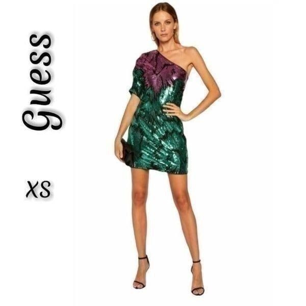 Guess One Shoulder Sequined Green Purple Mini Dress XS