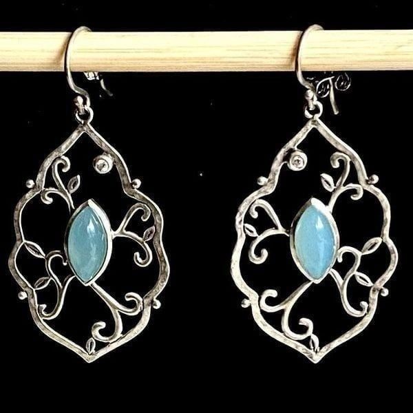 AUC Vintage Sterling 925 Silver & Blue Moonstone Filigree Dangle Earrings