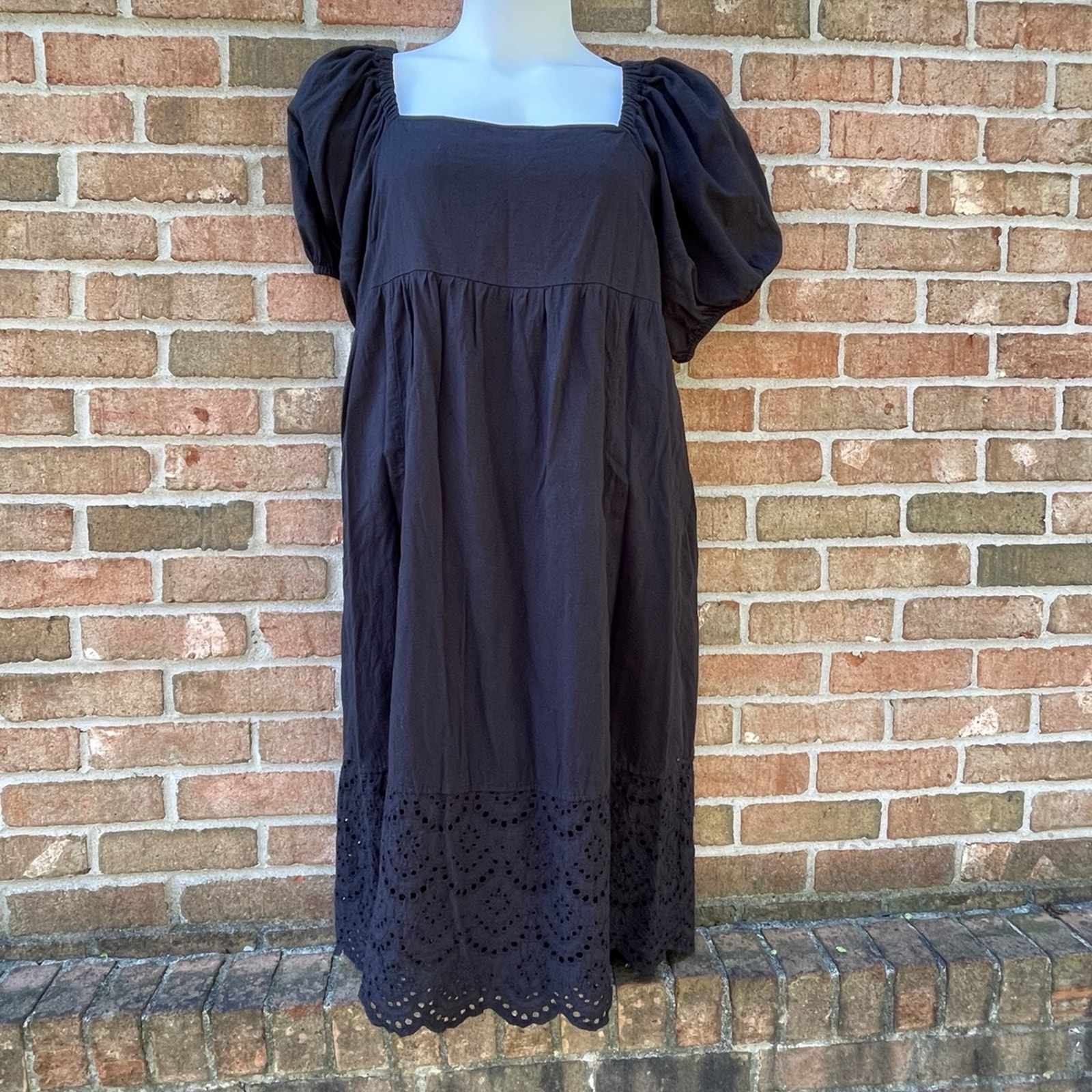 Cottagecore milkmaid Puffed-Sleeve Eyelet Midi Dress sz LP Babydoll Whimsigoth