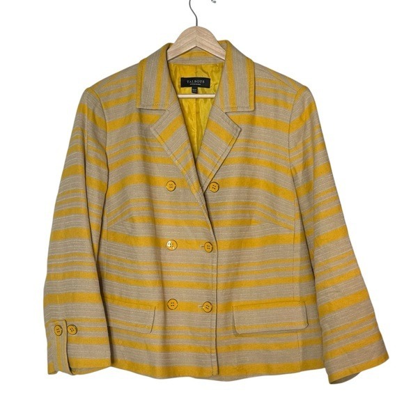 Talbots Linen Blend Striped Double Breasted Boxy Blazer Jacket Size 16WP Yellow