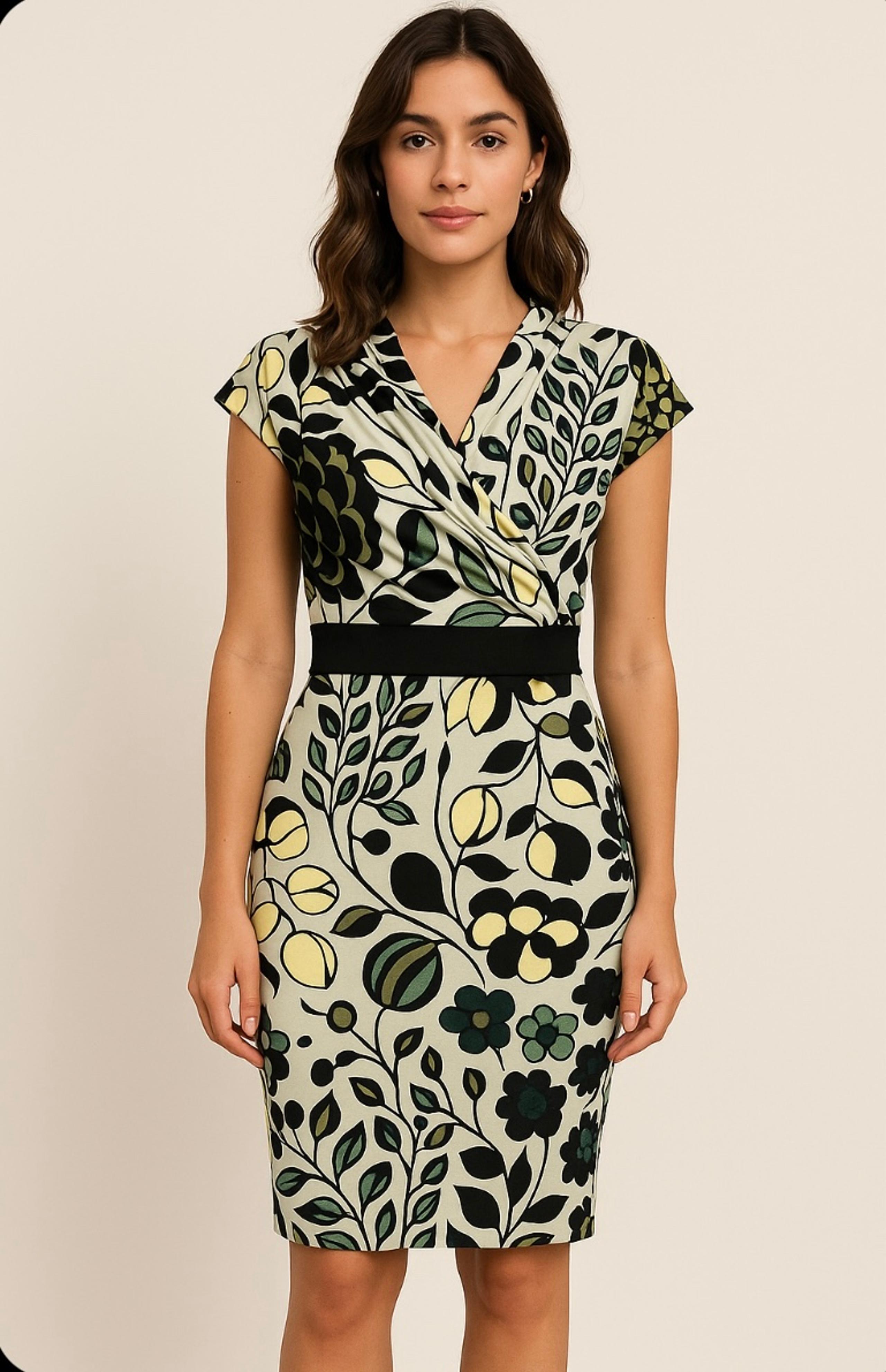 Catherine Malandrino  Large Gold Black  Floral Pockets 100% Silk Midi Dress