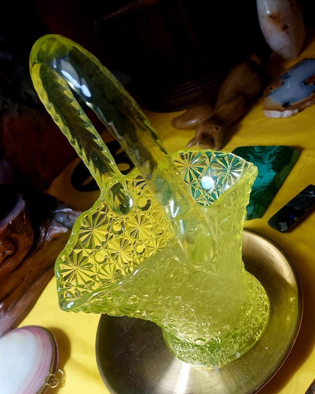Vintage Fenton Vasoline Glass Daisy Basket