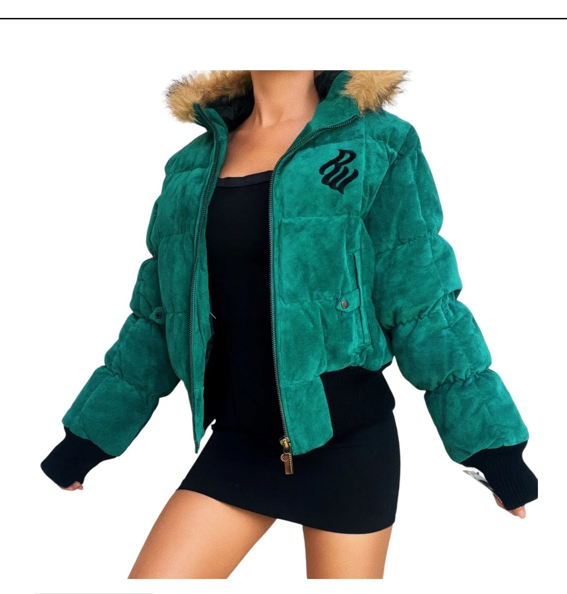 Vintage Rocawear Green leather feather puffer jacket