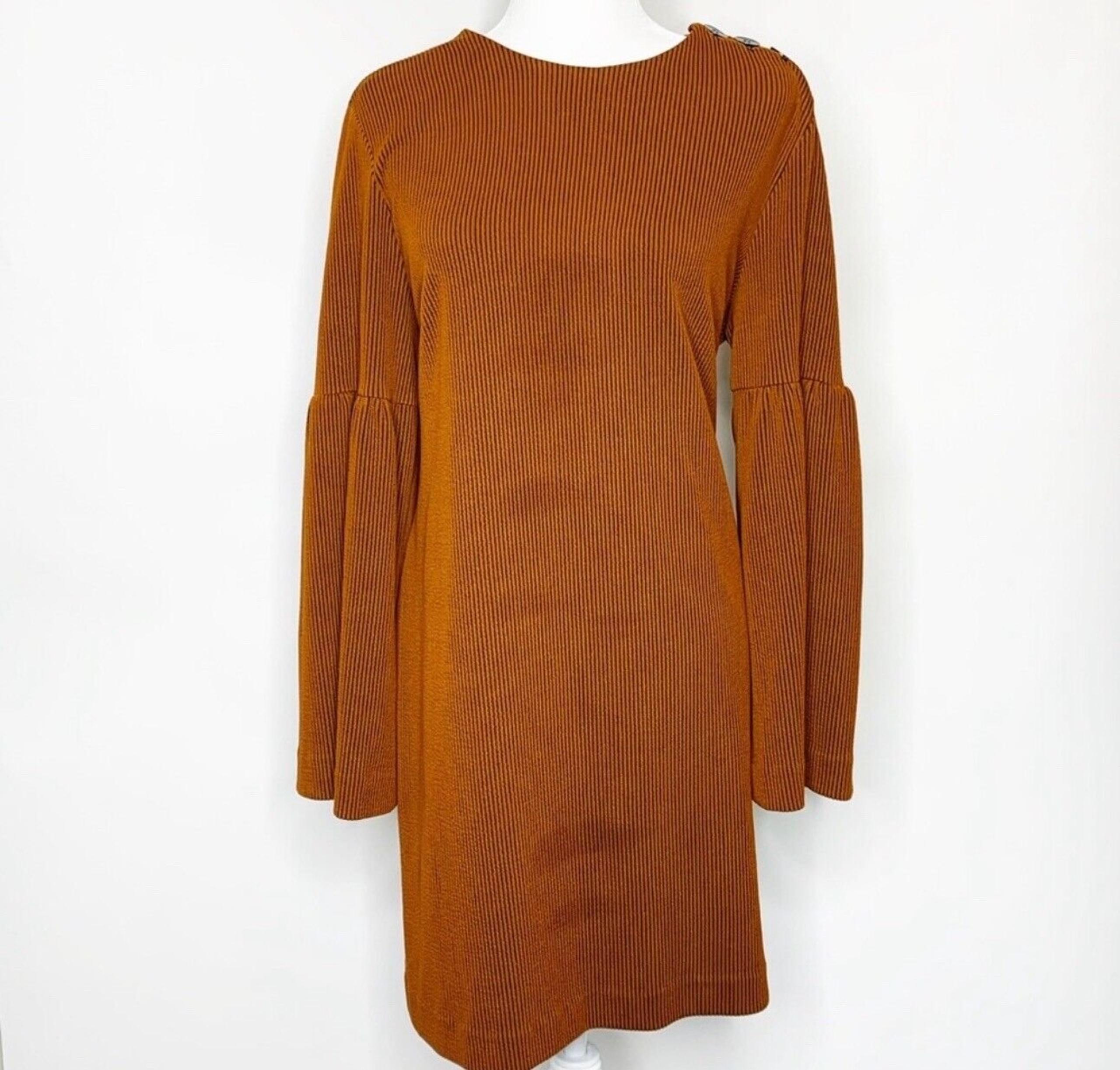 TIBI Brown & Navy Striped Bell Sleeve Shift Dress Size Large