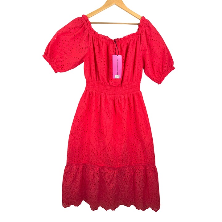 Betsey Johnson eyelet ruffle off the shoulder mini boho dress Coral red sz XL