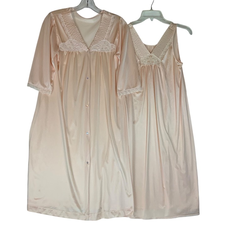 Vintage JCPenney Nightgown & Robe Set Size Small Peach Nylon Lace Trim USA