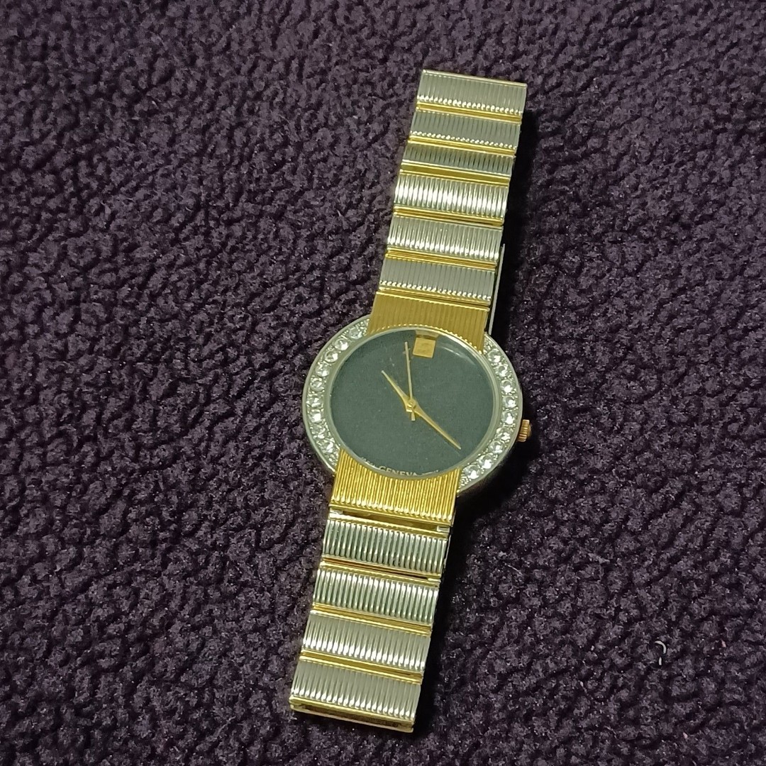 GENEVA Black-Faced Watch with Rhinestones, Gold & Silver-toned Metal