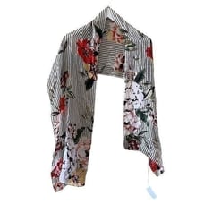 NWT Max Studio Floral Gray White Red Silk Scarf One SZ #1241