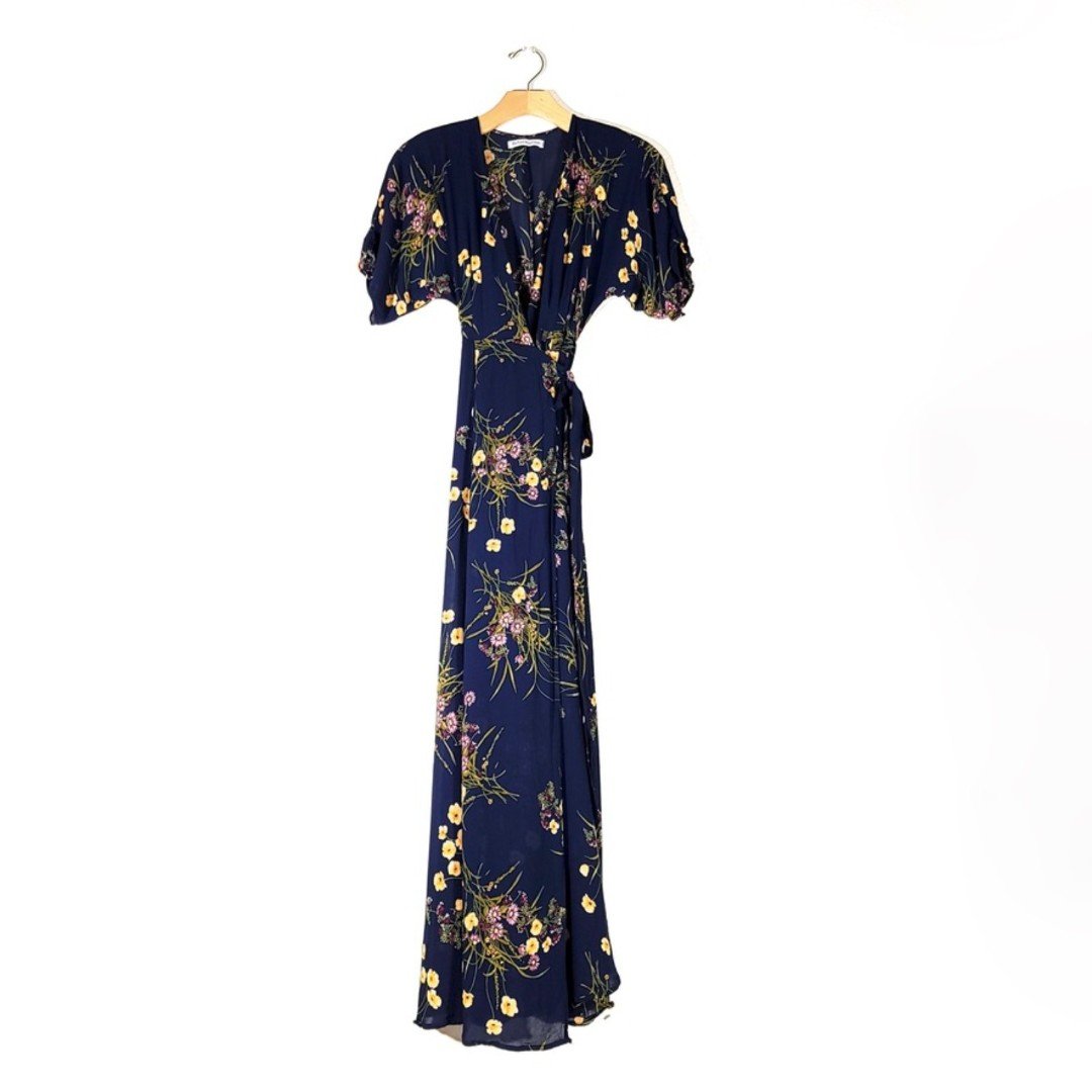 NEW Reformation Winslow Wrap Maxi Dress Madmoiselle Navy Blue Floral XS Petite