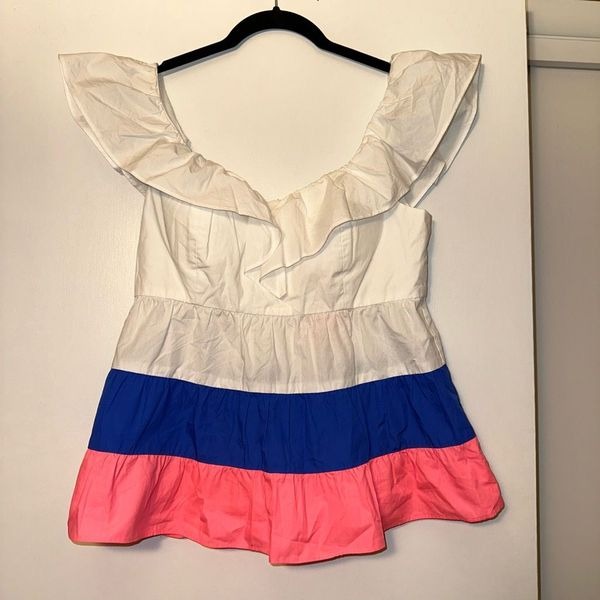 Lilly Pulitzer Women’s Emie Ruffle Top Pink White Borealis Blue Size 4 NWT