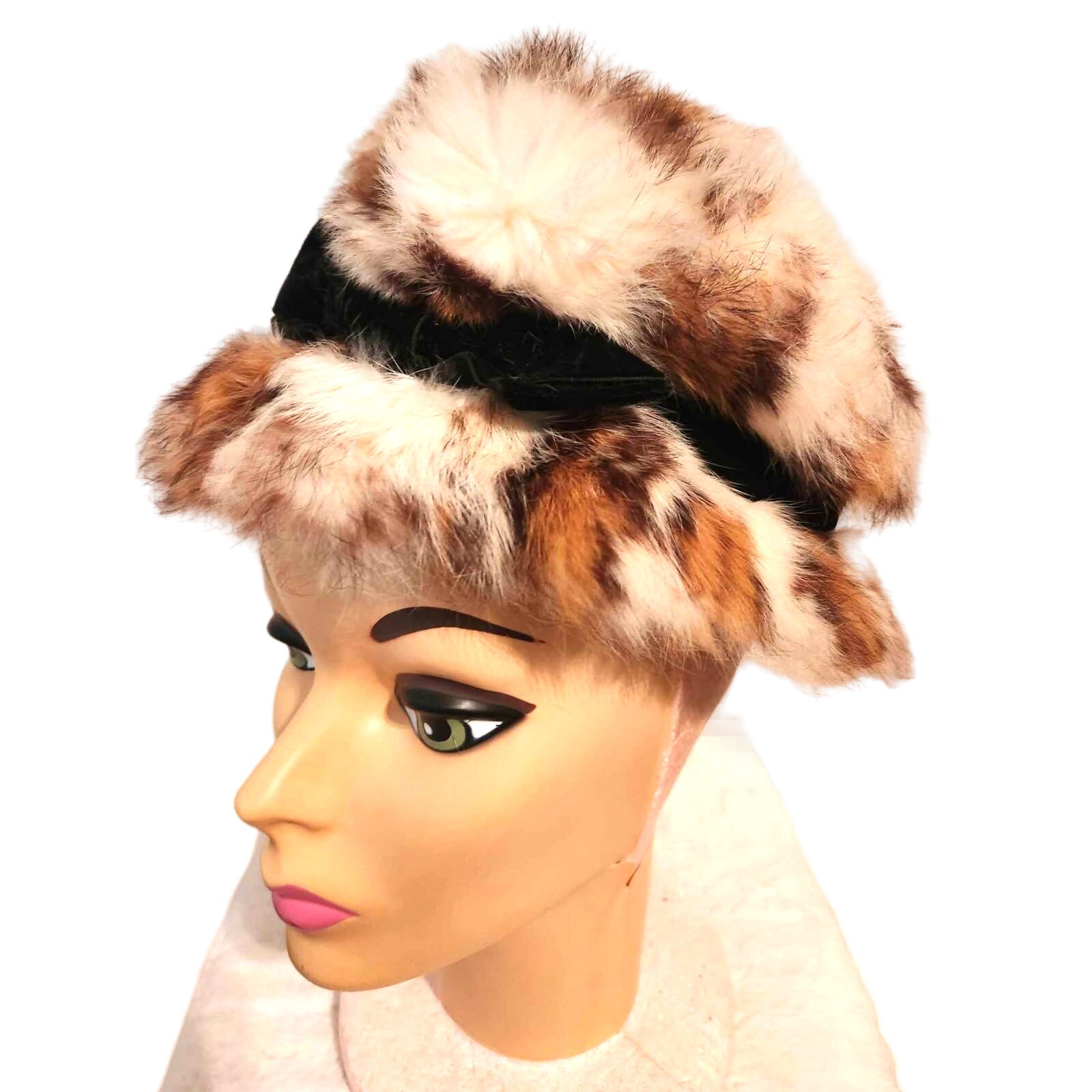 Vintage 1950s 1960s Leopard Print Rabbit Fur Hat w/Black Velvet Ribbon/Bow EUC!!