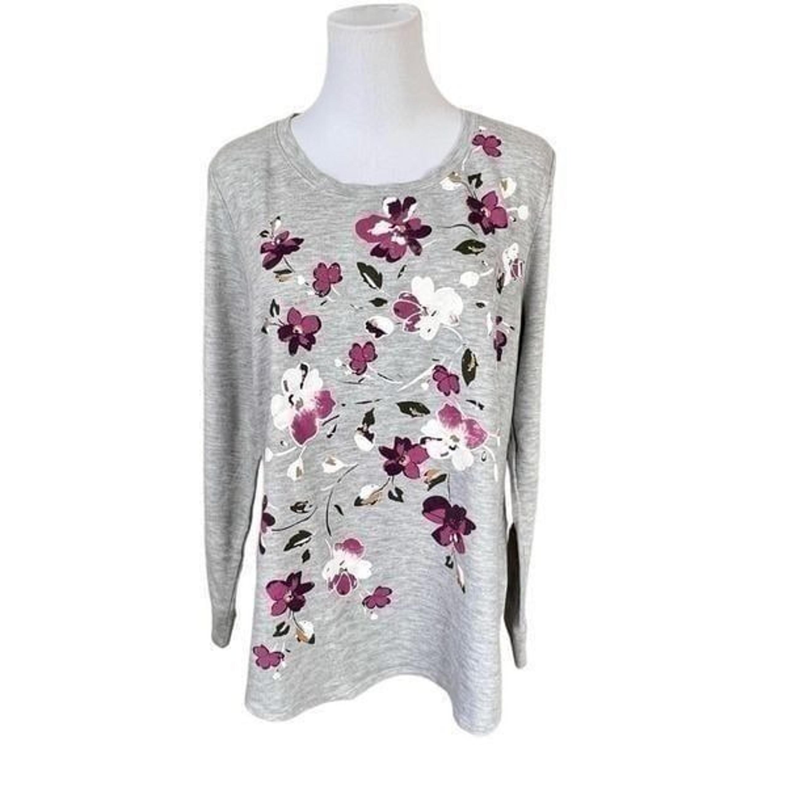Terra & Sky Floral Graphic Gray Tunic Sweatshirt Minimalist Demure sz 0X (14W)