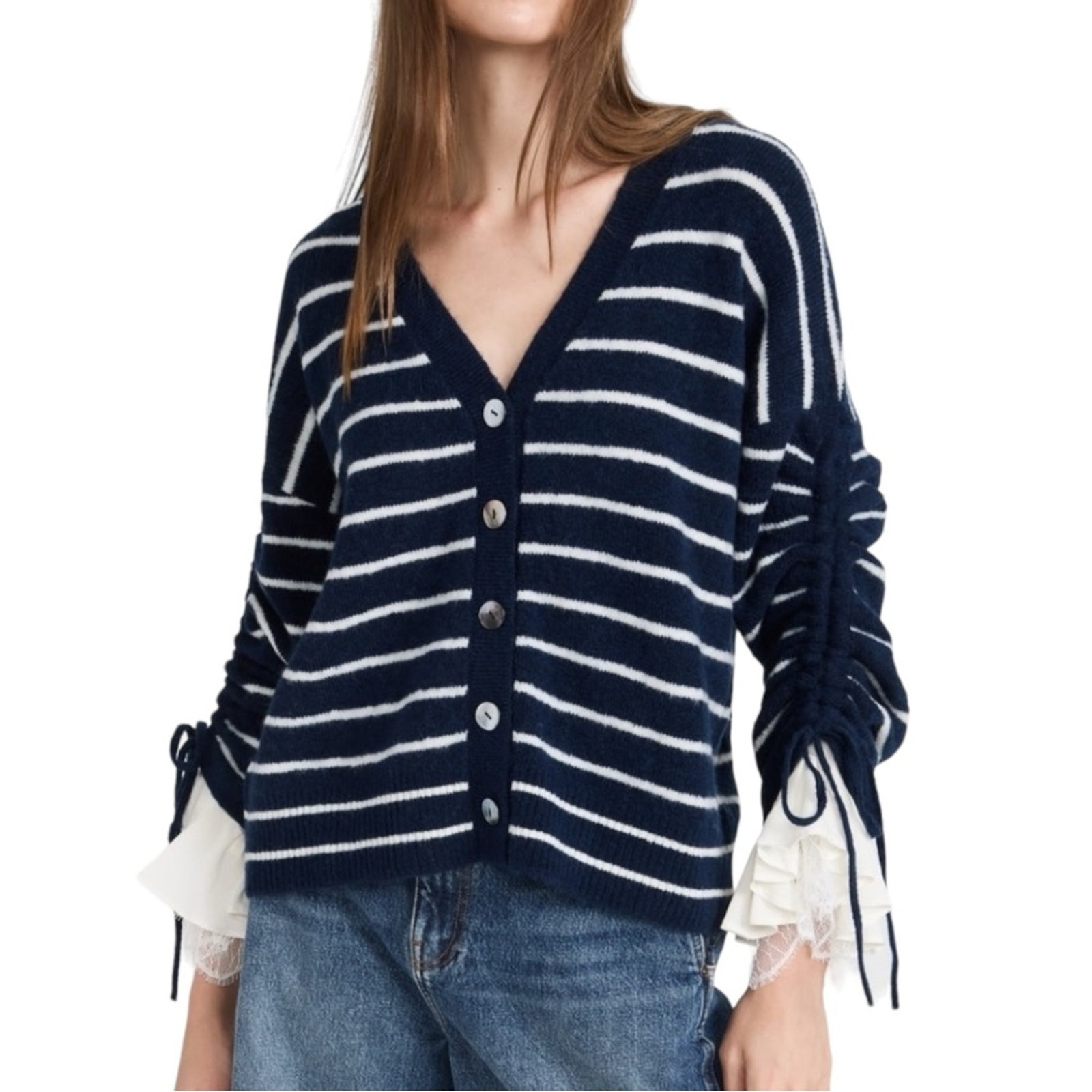NWT Cinq A Sept Atlas Striped Wool Blend Ruched Sleeves Navy Cardigan MEDIUM
